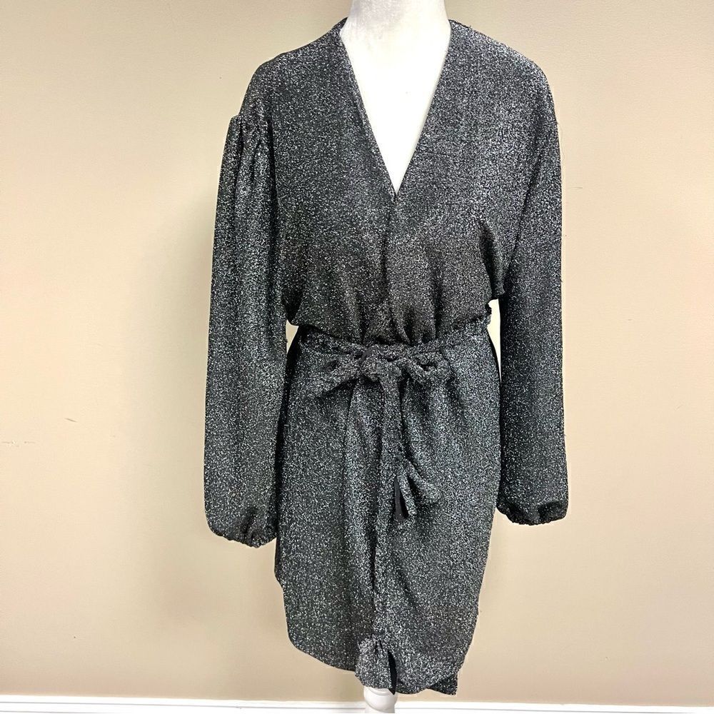 Aura silver sparkle wrap dress with braided belt Sz Sm